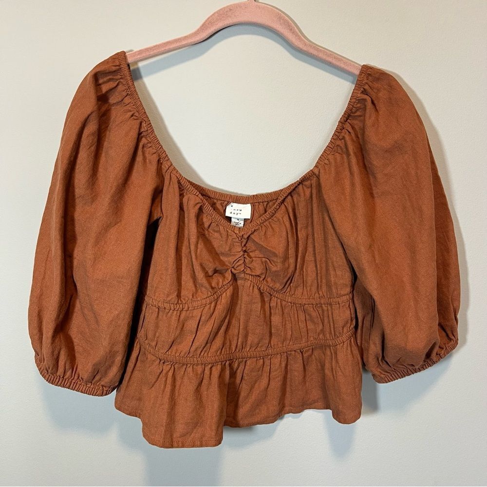 A New Day Women’s Brown Linen‎ Blend Babydoll Peplum Top Small